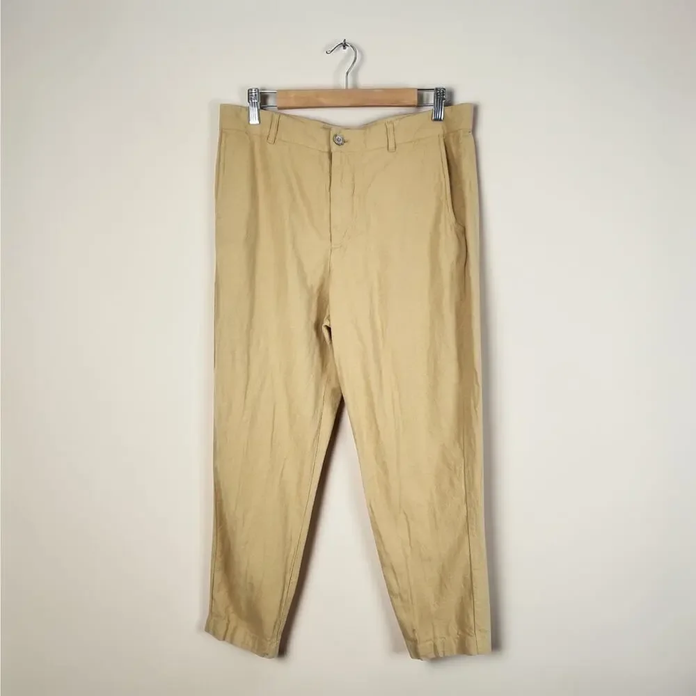 ZARA Men's European Linen Blend Trousers 32 x 27 Yellow Minimalist Ankle Pant